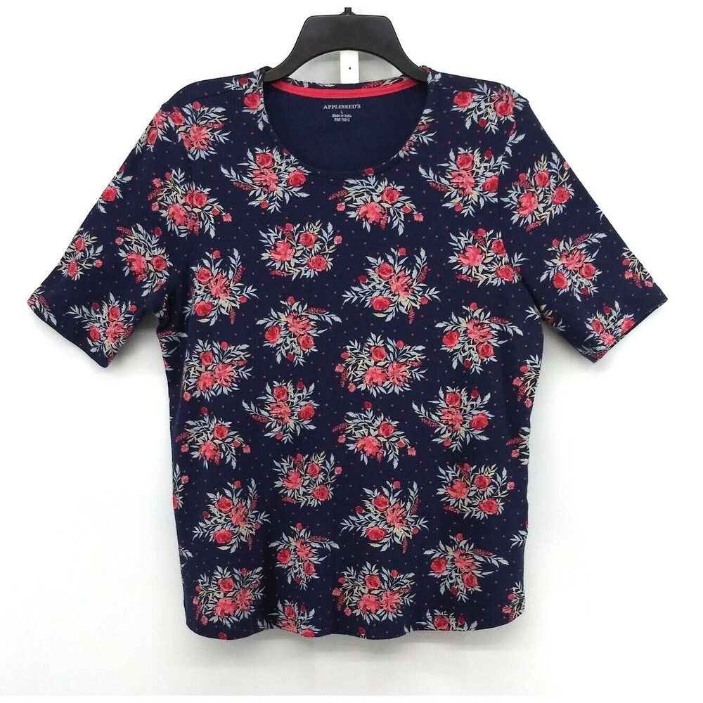Appleseeds Shirt Womens Size L Navy Blue Floral Short Sleeve Colorful Top